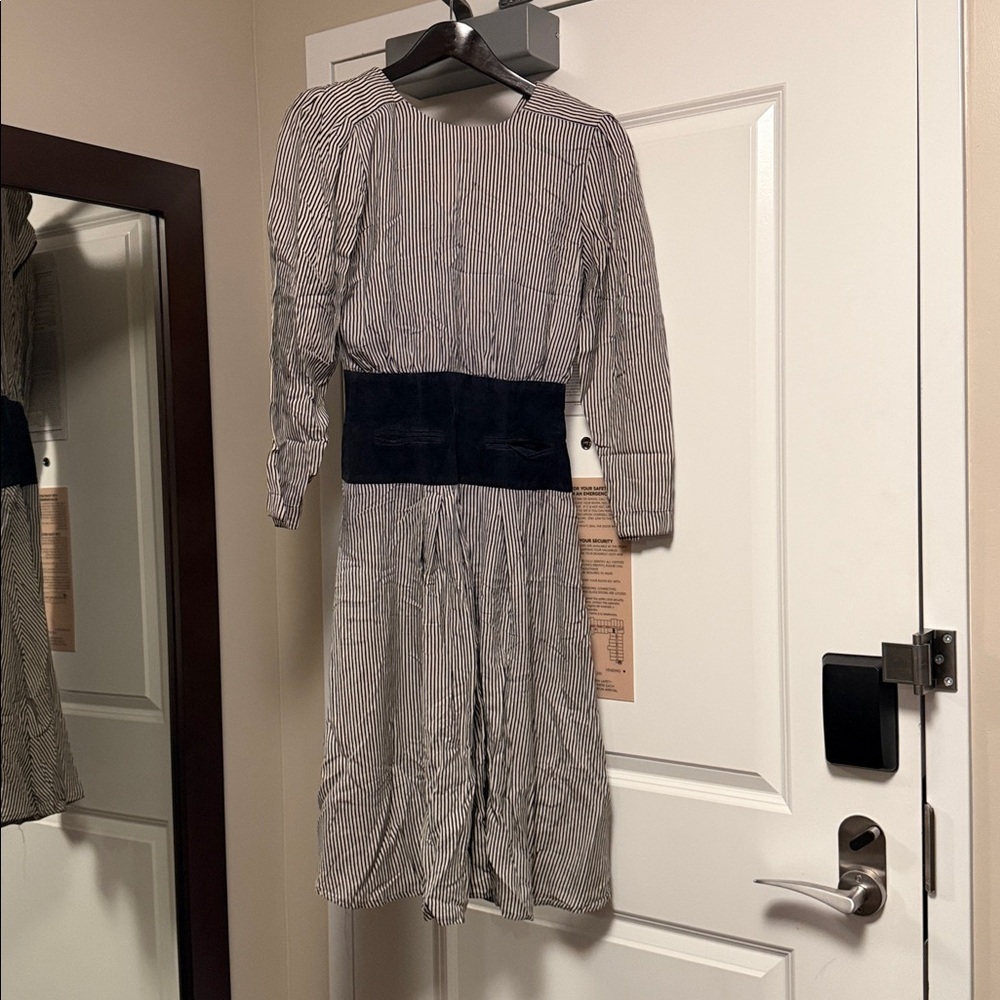 Vintage silk Kay Unger Blue and White Striped Long-Sleeve Midi Dress